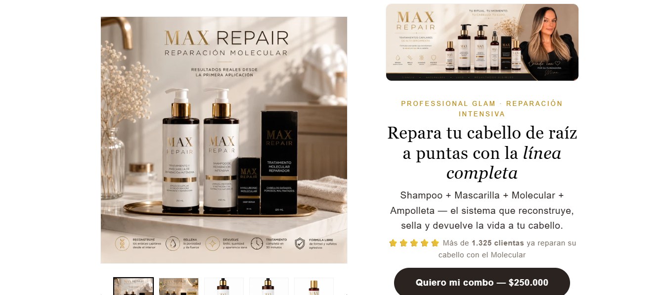 Captura de una landing page de producto: foto del tratamiento capilar MAX Repair, titular sobre reparación del cabello y botón de compra.