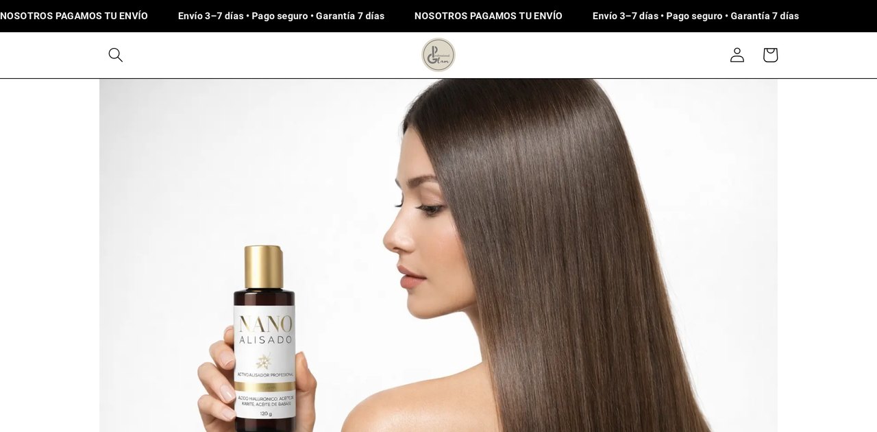 Captura de Professional Glam: portada de una tienda Shopify con su catálogo de productos.